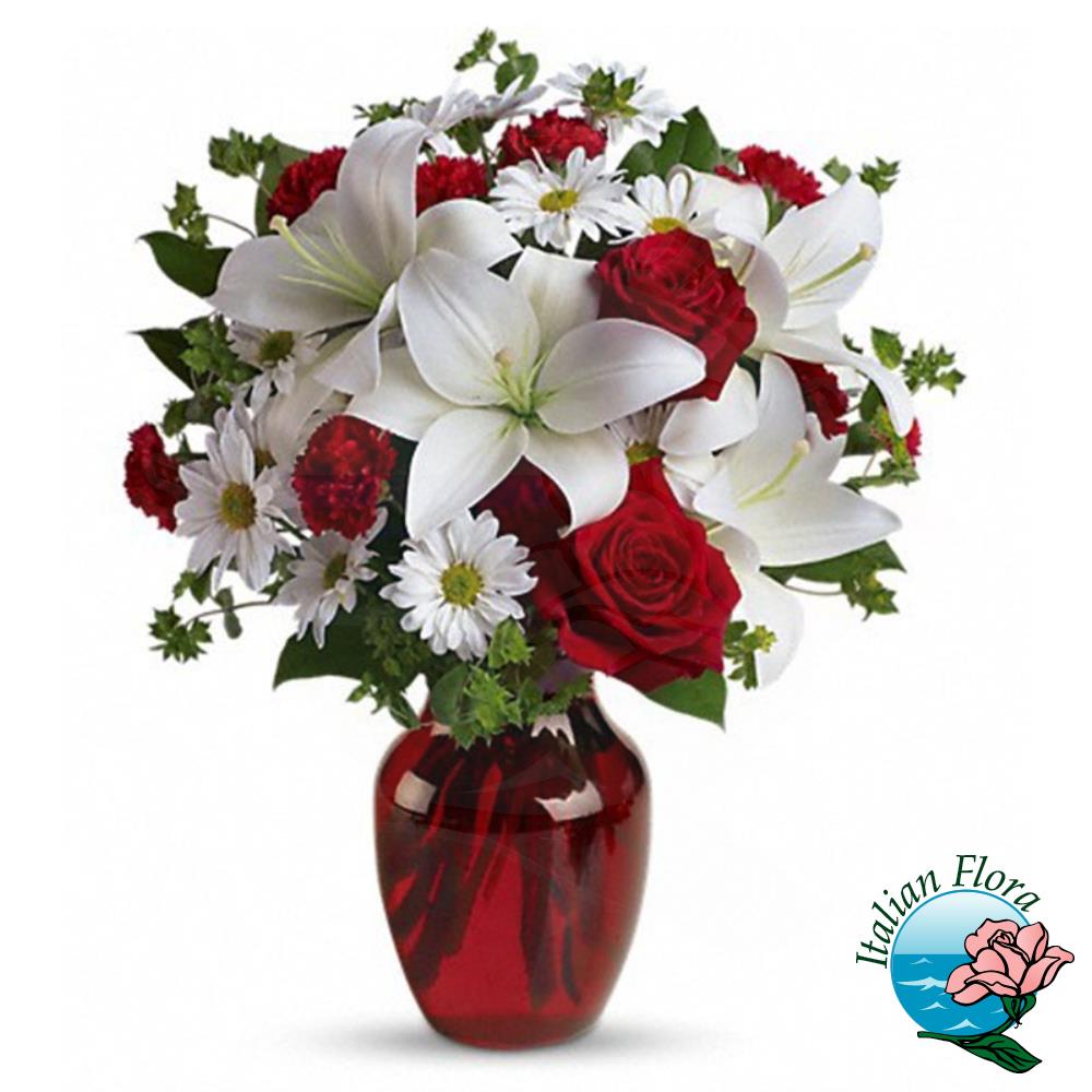 Bouquet con gigli, gerbere e rose