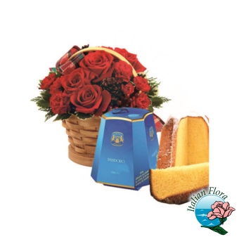 Cesto di Rose Rosse con Pandoro