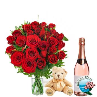 Bouquet di rose rosse con vino e peluche