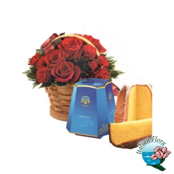 Cesto di rose rosse con Pandoro